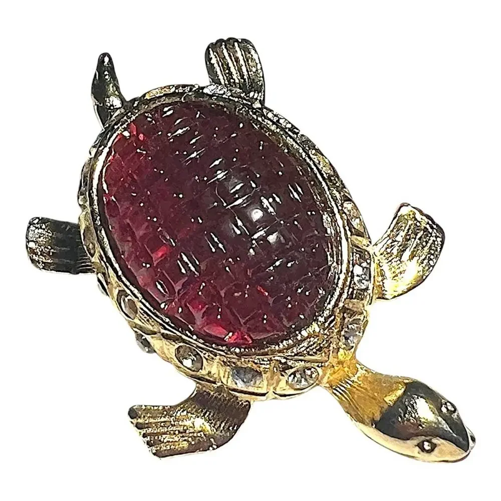 Elegant Gold tone with carved Red stone & Rhinestones Tiny Turtle Brooch